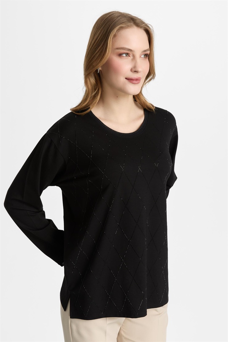 Mutlu Ertan Kadın Uzun Kollu Baklava Taşlı Bluz Siyah 30455