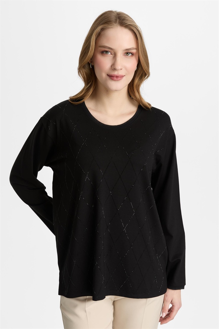 Mutlu Ertan Kadın Uzun Kollu Baklava Taşlı Bluz Siyah 30455
