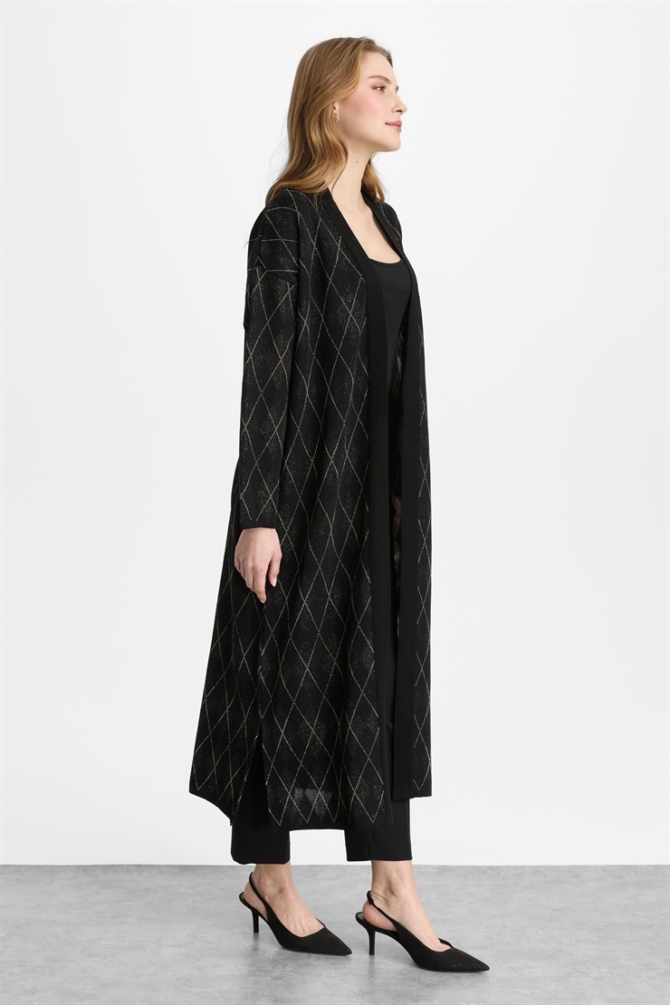 Mutlu Ertan Kadın Uzun Simli Baklavalı Hırka Siyah 20325