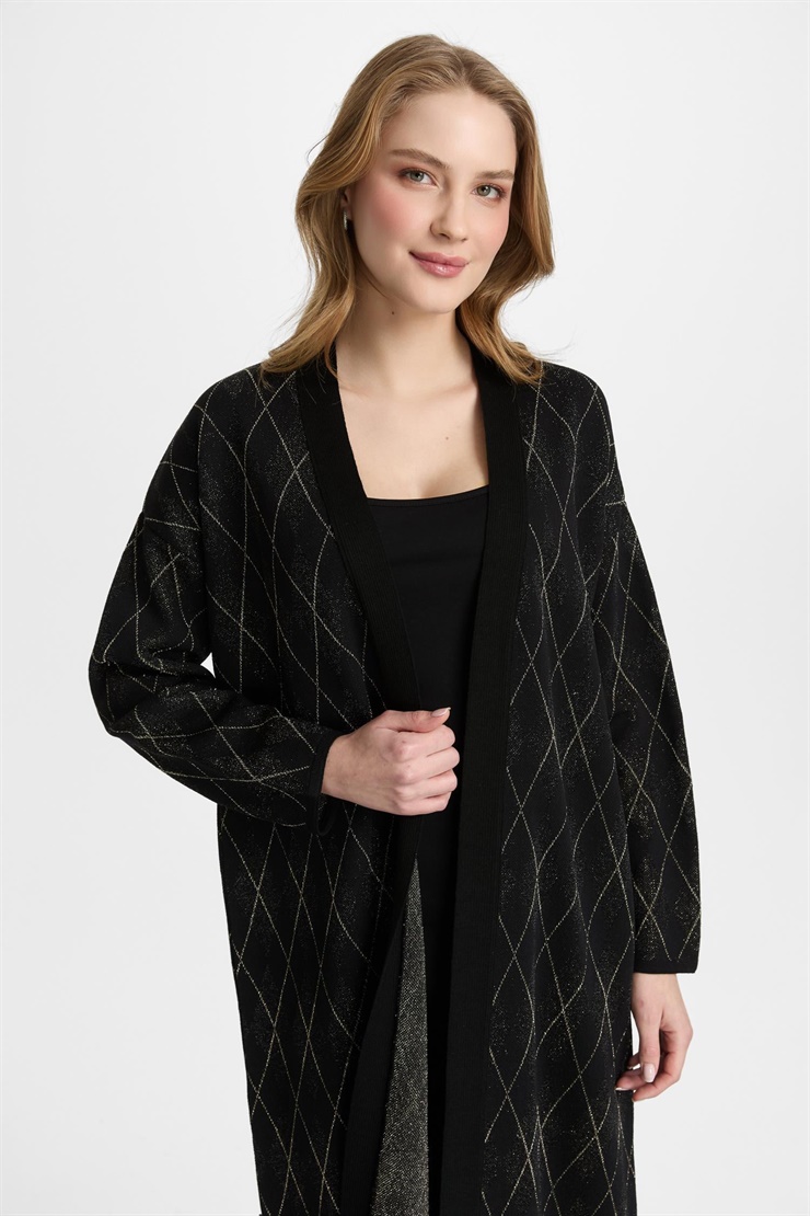 Mutlu Ertan Kadın Uzun Simli Baklavalı Hırka Siyah 20325