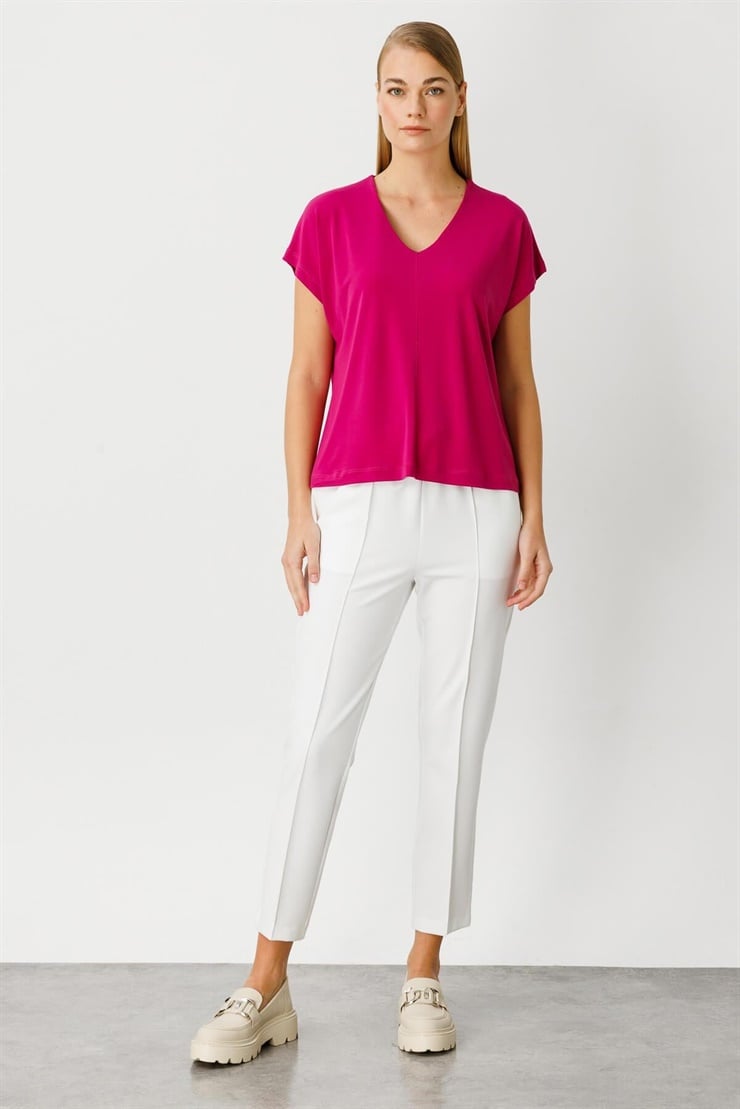 Mutlu Ertan Kadın V Yaka Basic Bluz Fuşya 30175