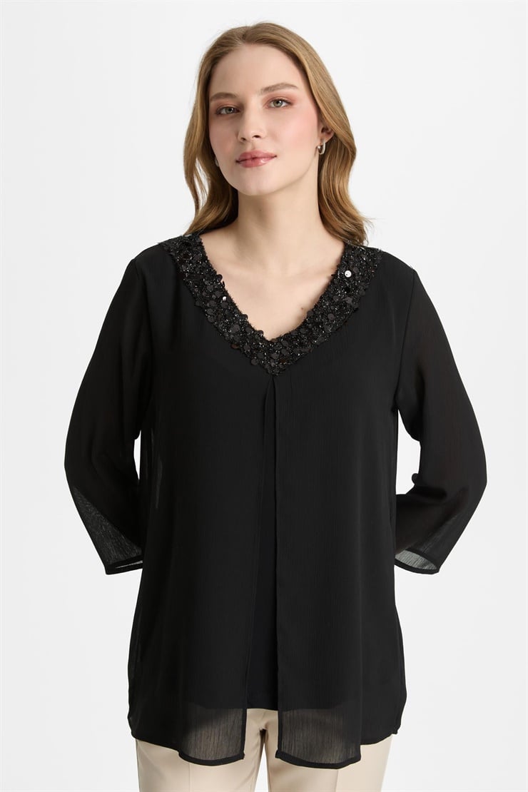 Mutlu Ertan Kadın V Yaka Pullu Bluz Siyah 30485