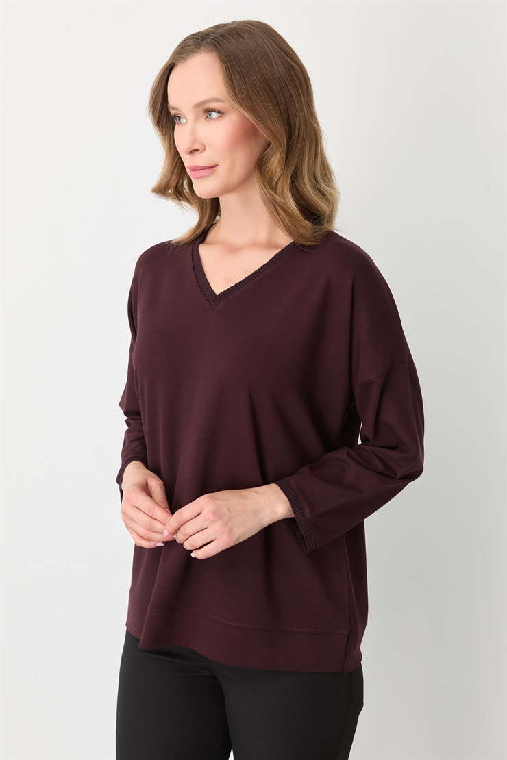 Mutlu Ertan Kadın V Yaka Ribanalı Bluz Bordo 30432