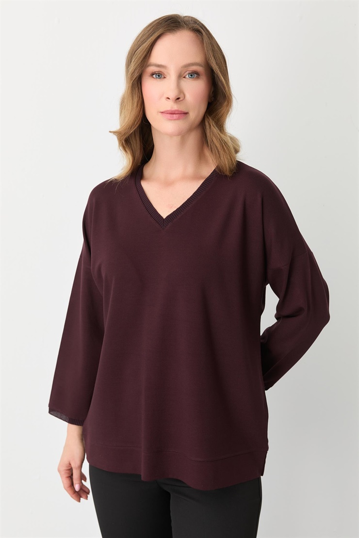 Mutlu Ertan Kadın V Yaka Ribanalı Bluz Bordo 30432