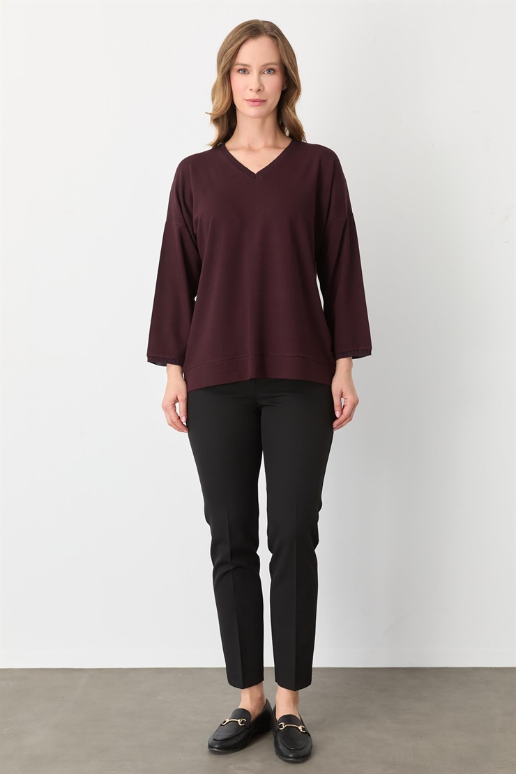 Mutlu Ertan Kadın V Yaka Ribanalı Bluz Bordo 30432