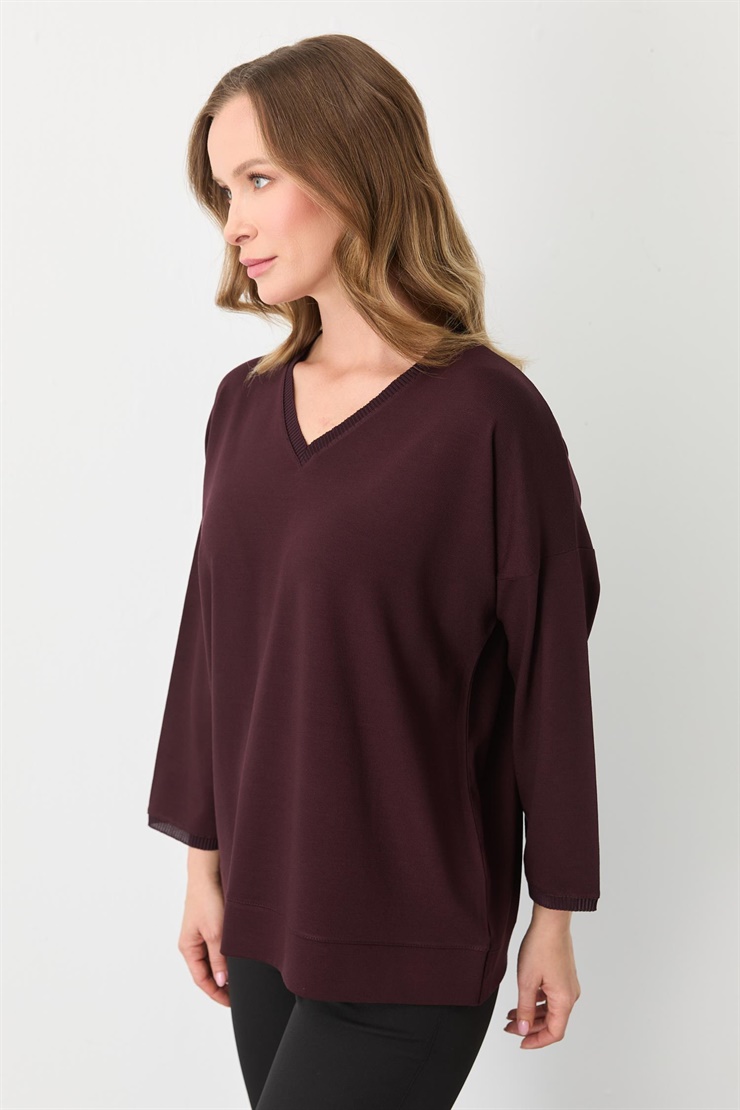 Mutlu Ertan Kadın V Yaka Ribanalı Bluz Bordo 30432