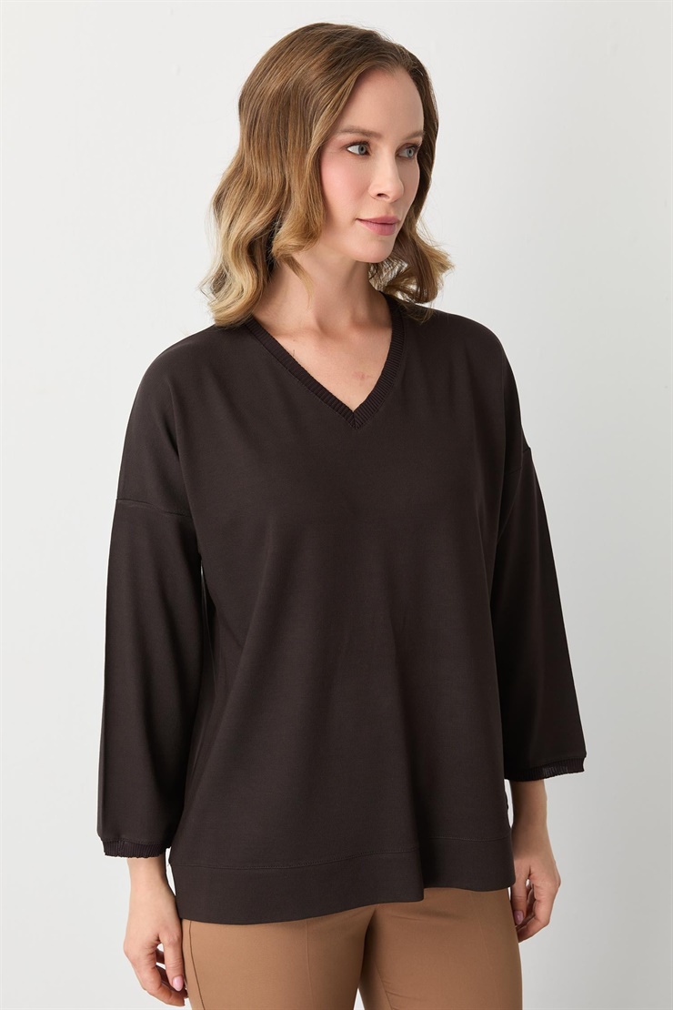 Mutlu Ertan Kadın V Yaka Ribanalı Bluz Kahve 30432