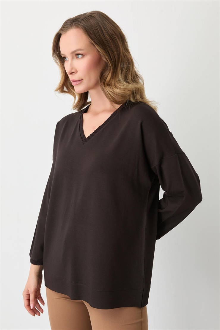 Mutlu Ertan Kadın V Yaka Ribanalı Bluz Kahve 30432