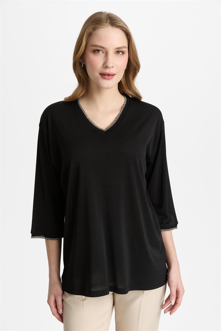 Mutlu Ertan Kadın V Yaka Ribanalı Bluz Siyah-Gold 30451