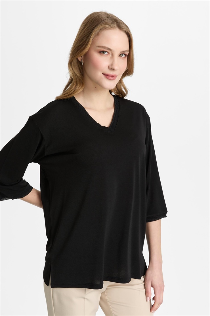 Mutlu Ertan Kadın V Yaka Ribanalı Bluz Siyah-Siyah 30451