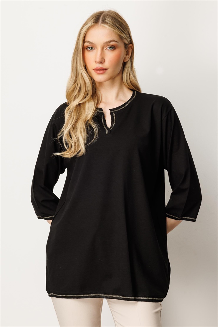 Mutlu Ertan Kadın V Yaka Ribanalı Bluz Siyah 30402