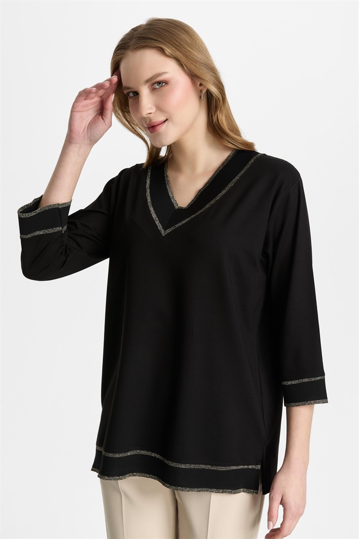 Mutlu Ertan Kadın V Yaka Ribanalı Bluz Siyah-Gold 30456