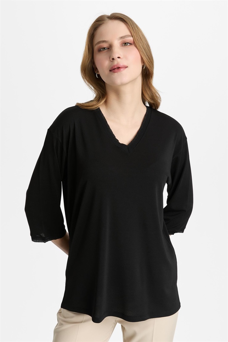 Mutlu Ertan Kadın V Yaka Ribanalı Bluz Siyah-Siyah 30451