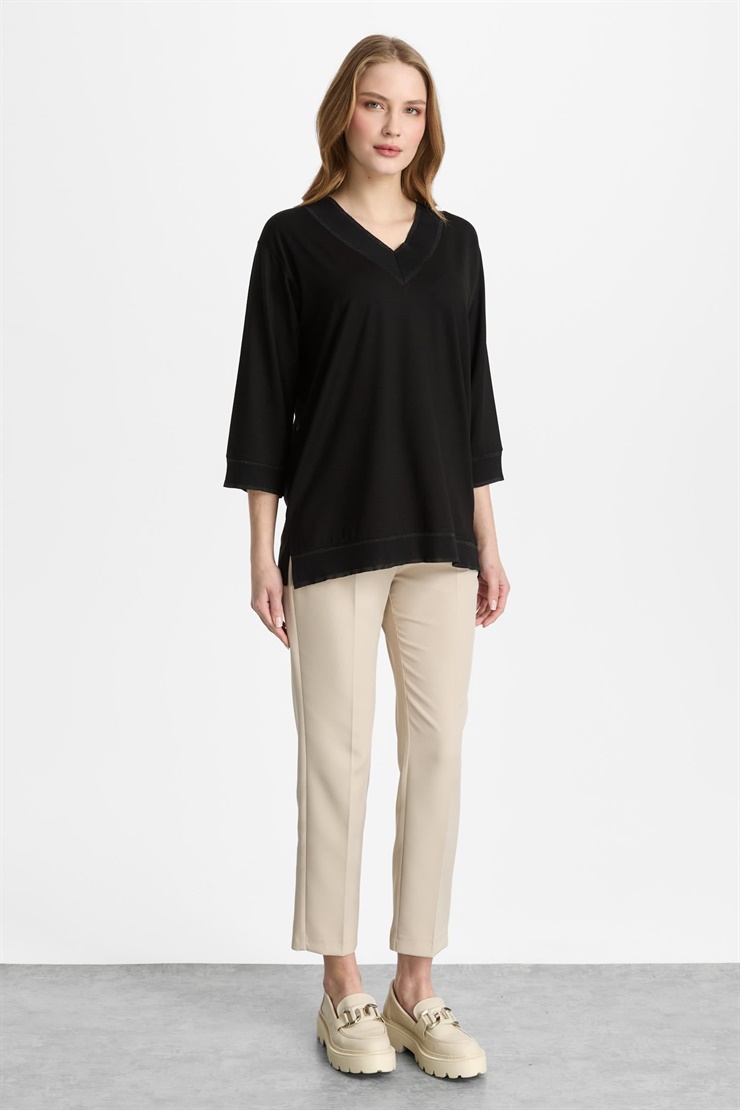 Mutlu Ertan Kadın V Yaka Ribanalı Bluz Siyah -Siyah 30456