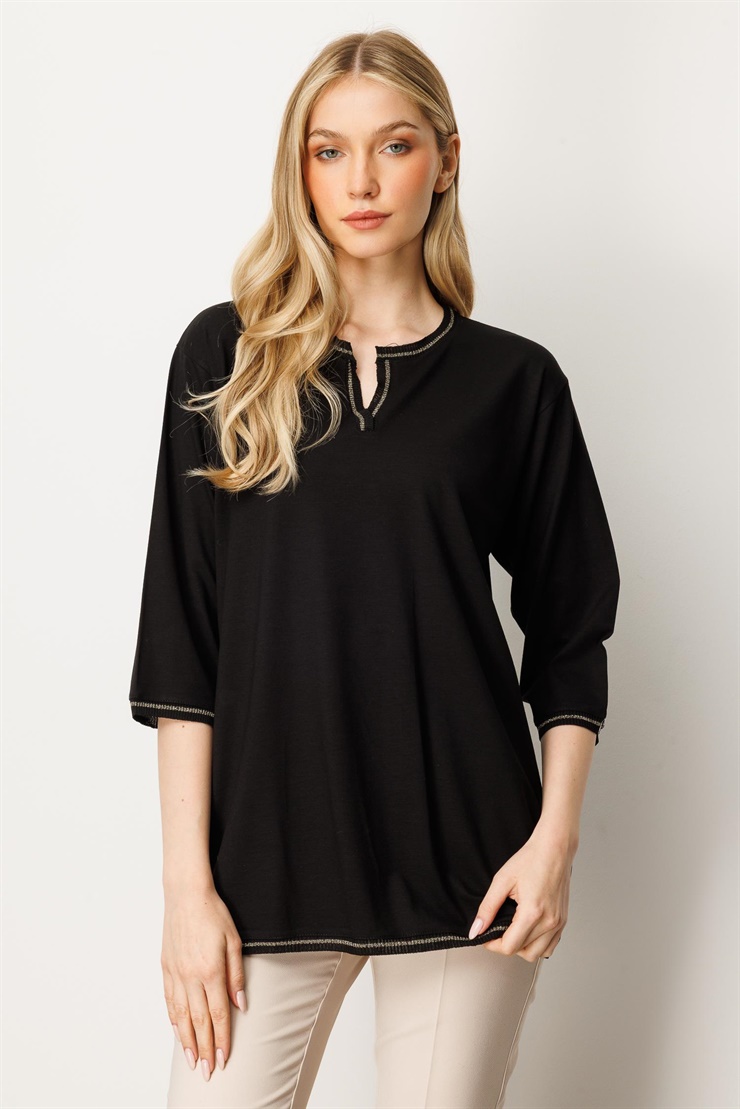 Mutlu Ertan Kadın V Yaka Ribanalı Bluz Siyah 30402
