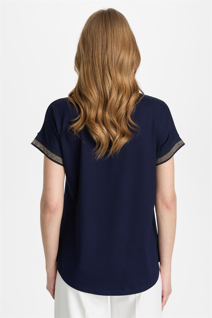 Mutlu Ertan Kadın V Yaka Simli Ribanalı Kısa Kol Bluz Lacivert 30444