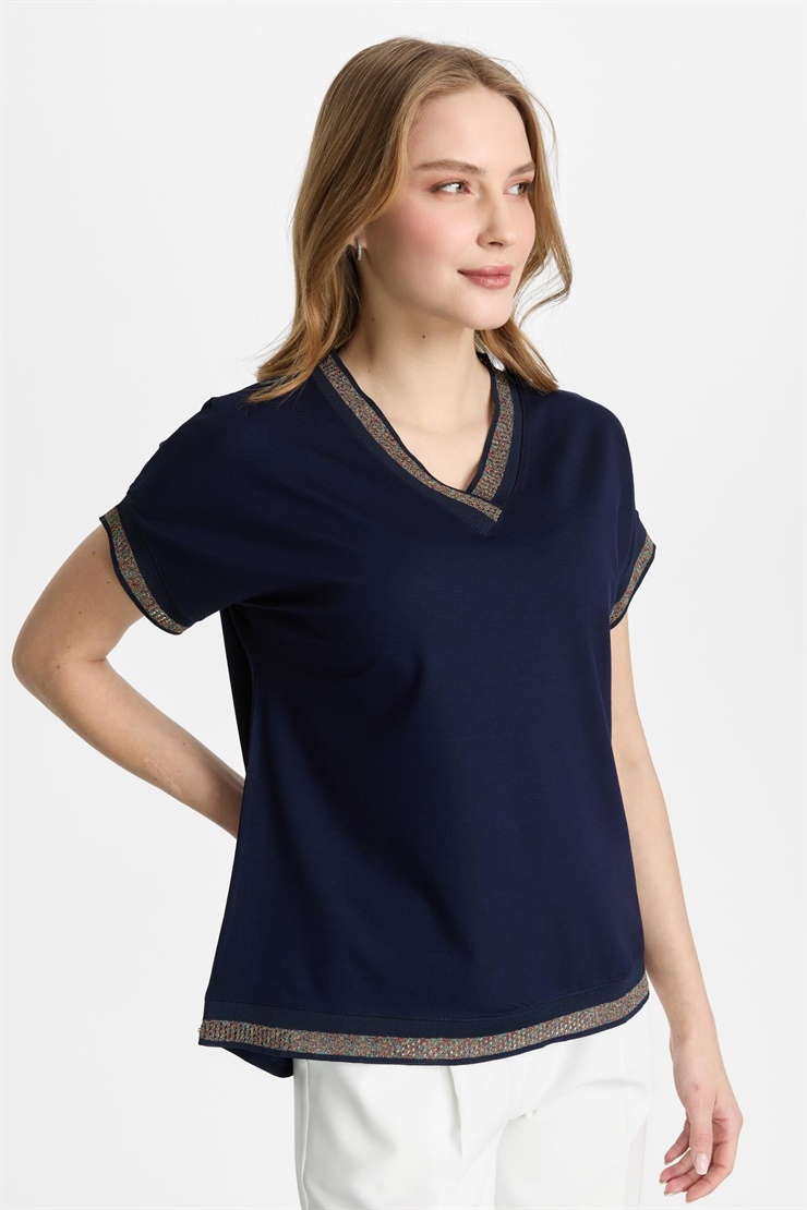 Mutlu Ertan Kadın V Yaka Simli Ribanalı Kısa Kol Bluz Lacivert 30444
