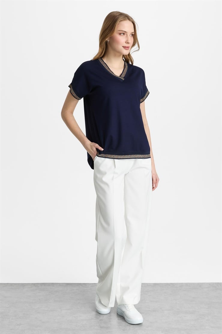 Mutlu Ertan Kadın V Yaka Simli Ribanalı Kısa Kol Bluz Lacivert 30444