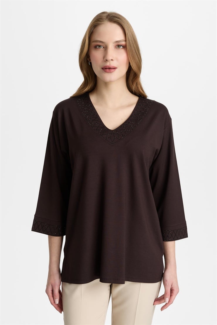 Mutlu Ertan Kadın V Yaka Taşlı  Penye Bluz Kahve 30462