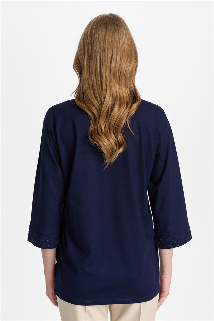 Mutlu Ertan Kadın V Yaka Taşlı  Penye Bluz Lacivert 30462