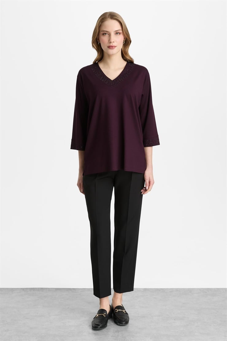 Mutlu Ertan Kadın V Yaka Taşlı  Penye Bluz Mürdüm 30462