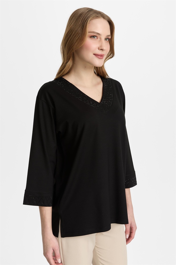 Mutlu Ertan Kadın V Yaka Taşlı  Penye Bluz Siyah 30462