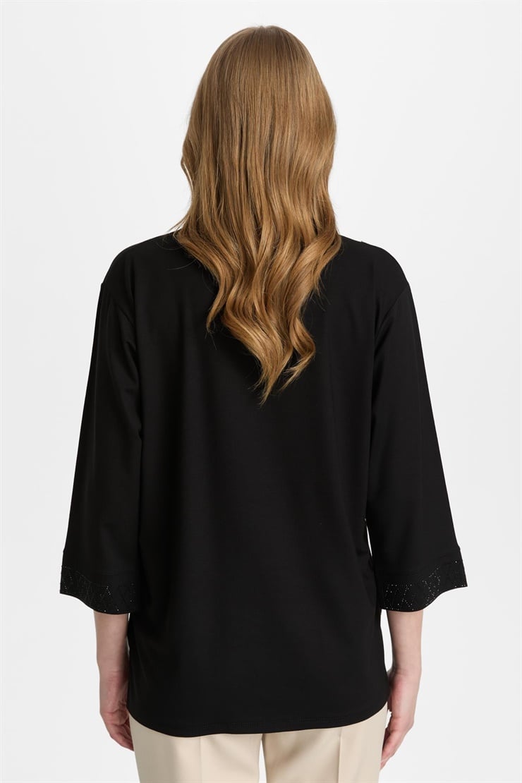 Mutlu Ertan Kadın V Yaka Taşlı  Penye Bluz Siyah 30462
