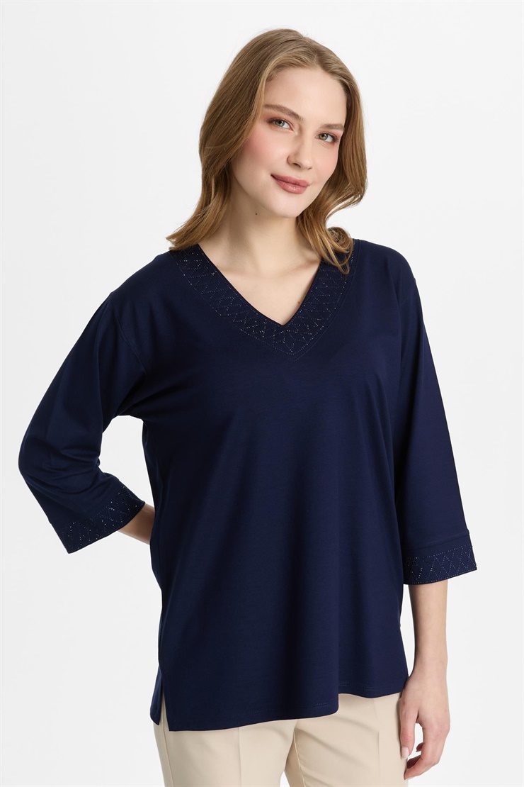 Mutlu Ertan Kadın V Yaka Taşlı  Penye Bluz Lacivert 30462
