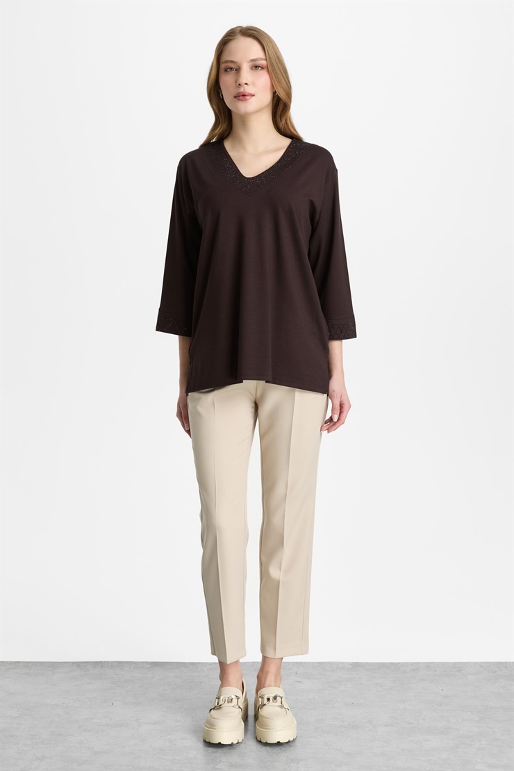 Mutlu Ertan Kadın V Yaka Taşlı  Penye Bluz Kahve 30462