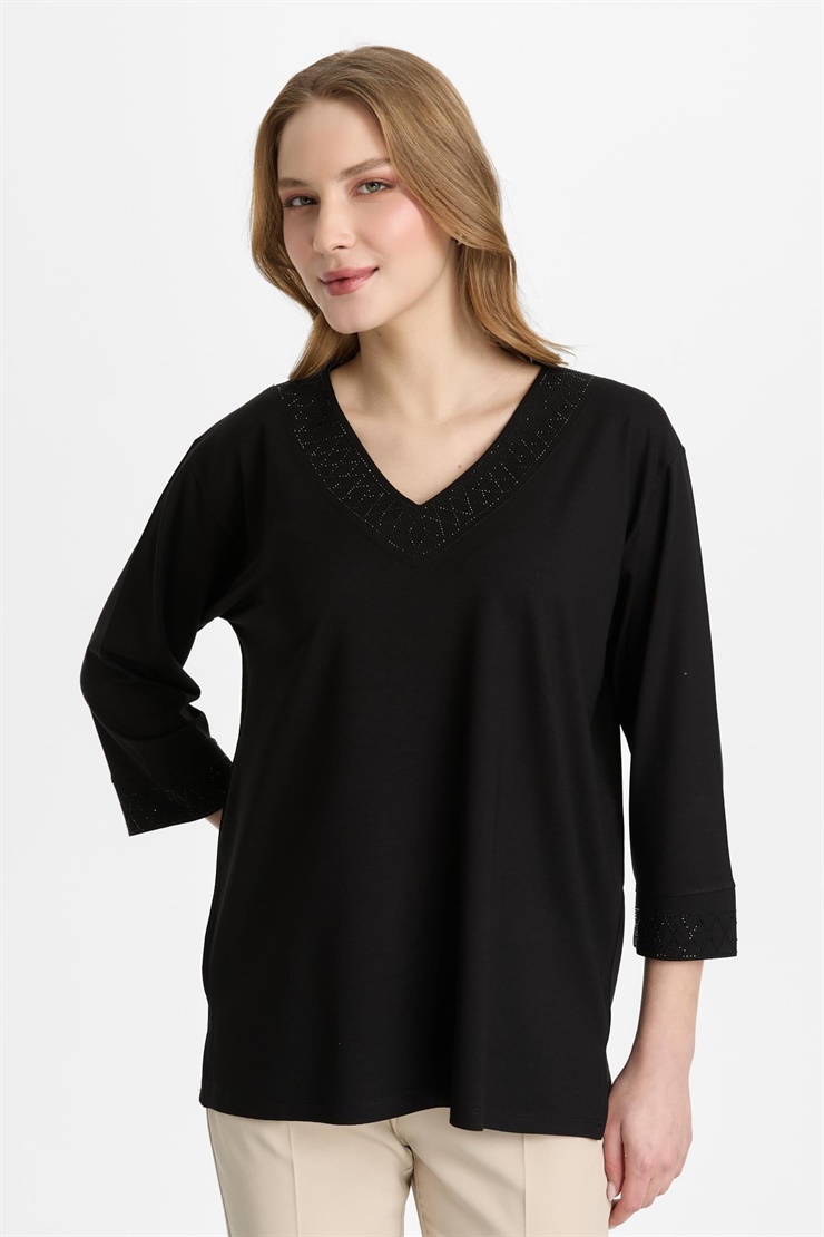 Mutlu Ertan Kadın V Yaka Taşlı  Penye Bluz Siyah 30462