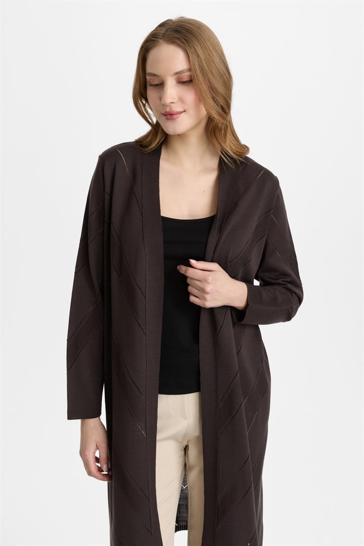 Mutlu Ertan Kadın Verev Desenli Triko Rayon Hırka Kahve 2492