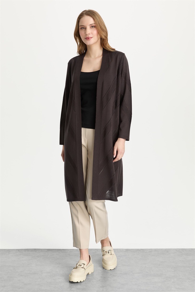 Mutlu Ertan Kadın Verev Desenli Triko Rayon Hırka Kahve 2492