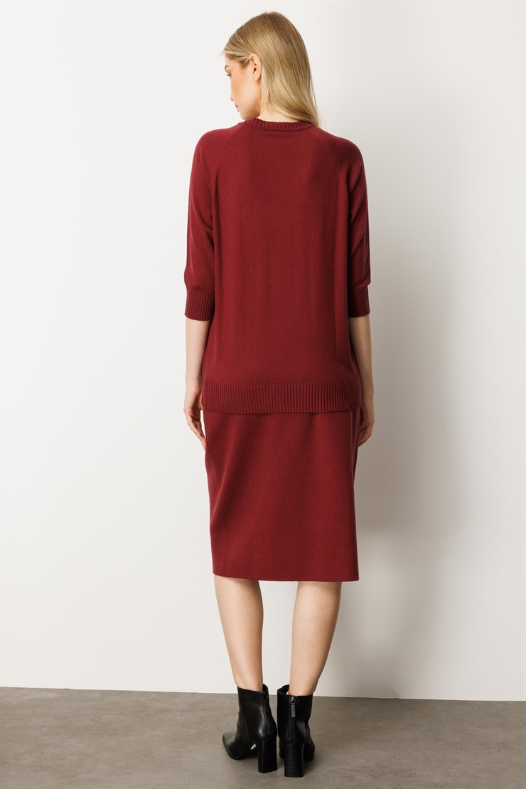 Mutlu Ertan Kadın Yaka Taş Detaylı Truvakar Kol Triko Bluz Bordo 20229