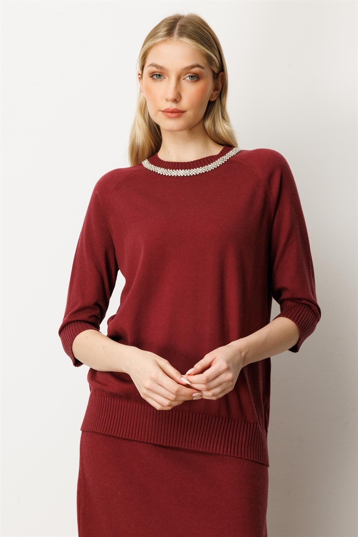 Mutlu Ertan Kadın Yaka Taş Detaylı Truvakar Kol Triko Bluz Bordo 20229