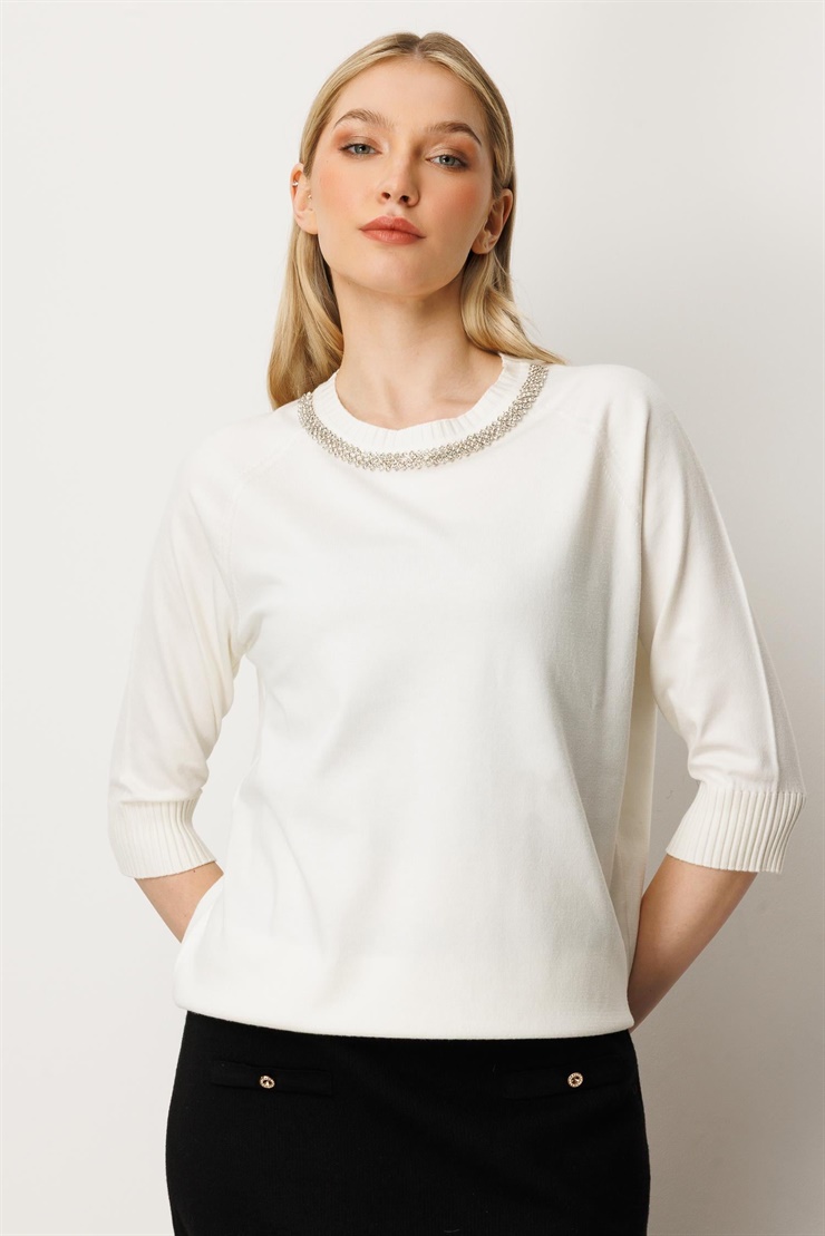 Mutlu Ertan Kadın Yaka Taş Detaylı Truvakar Kol Triko Bluz Ekru 20229