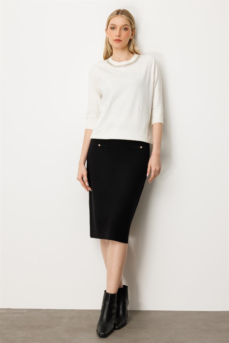 Mutlu Ertan Kadın Yaka Taş Detaylı Truvakar Kol Triko Bluz Ekru 20229