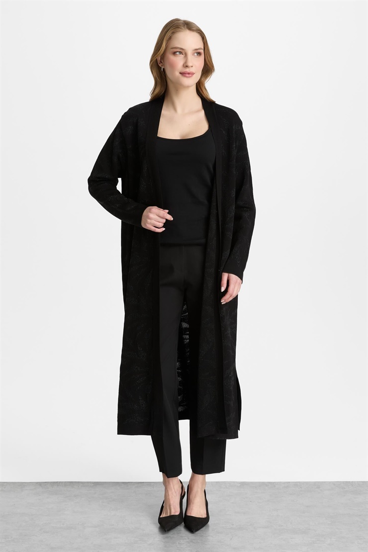 Mutlu Ertan Kadın Yaprak Desenli Simli Triko Hırka Siyah-Siyah 20213