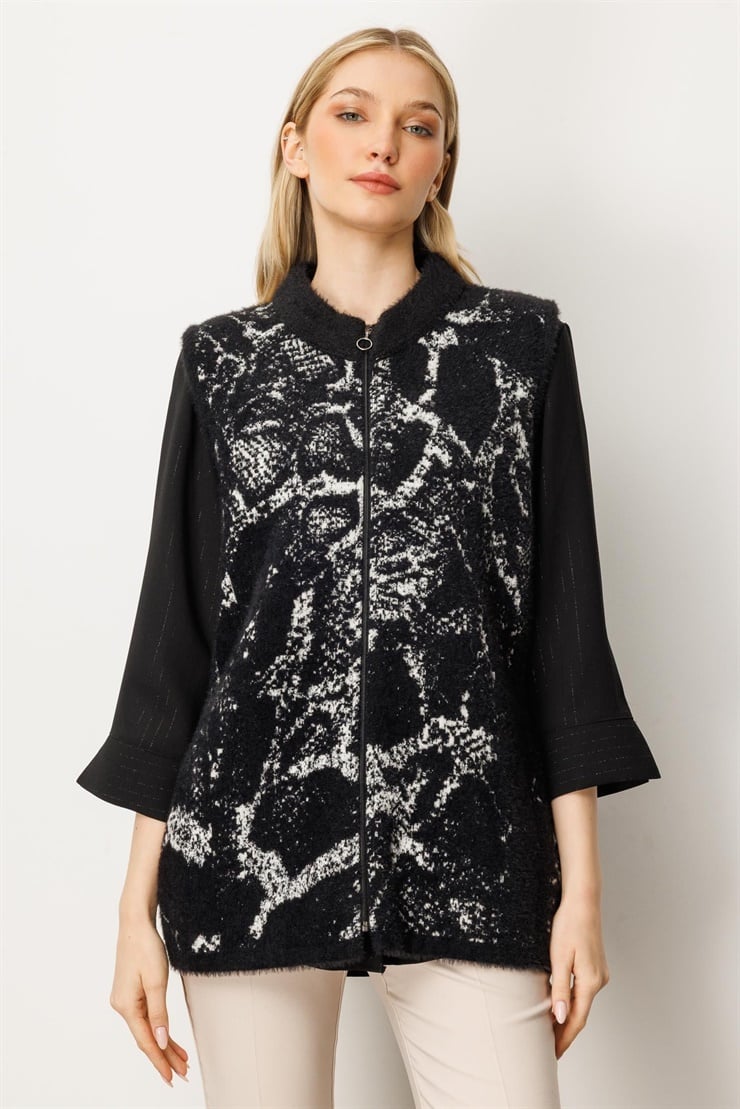 Mutlu Ertan Kadın Yılan Desen  Triko Yelek Siyah-Ekru 20196