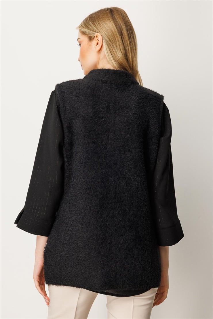 Mutlu Ertan Kadın Yılan Desen  Triko Yelek Siyah-Ekru 20196