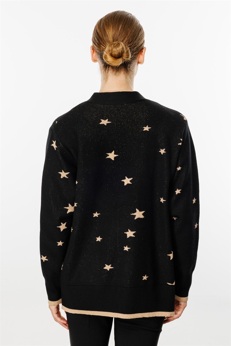 Mutlu Ertan Kadın Yıldız Desenli Triko Hırka Siyah-Gold 20135