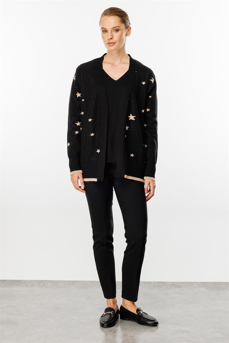 Mutlu Ertan Kadın Yıldız Desenli Triko Hırka Siyah-Gold 20135