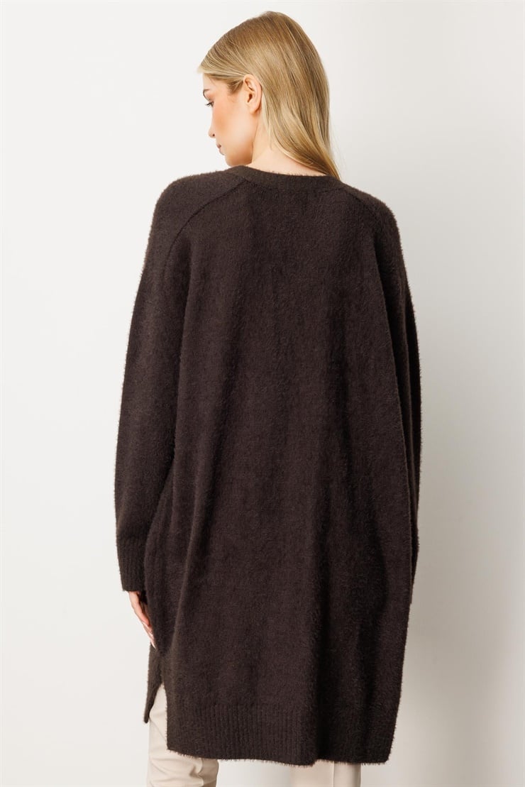 Mutlu Ertan Kadın Yırtmaç Detaylı Uzun Triko Hırka Kahve 20224