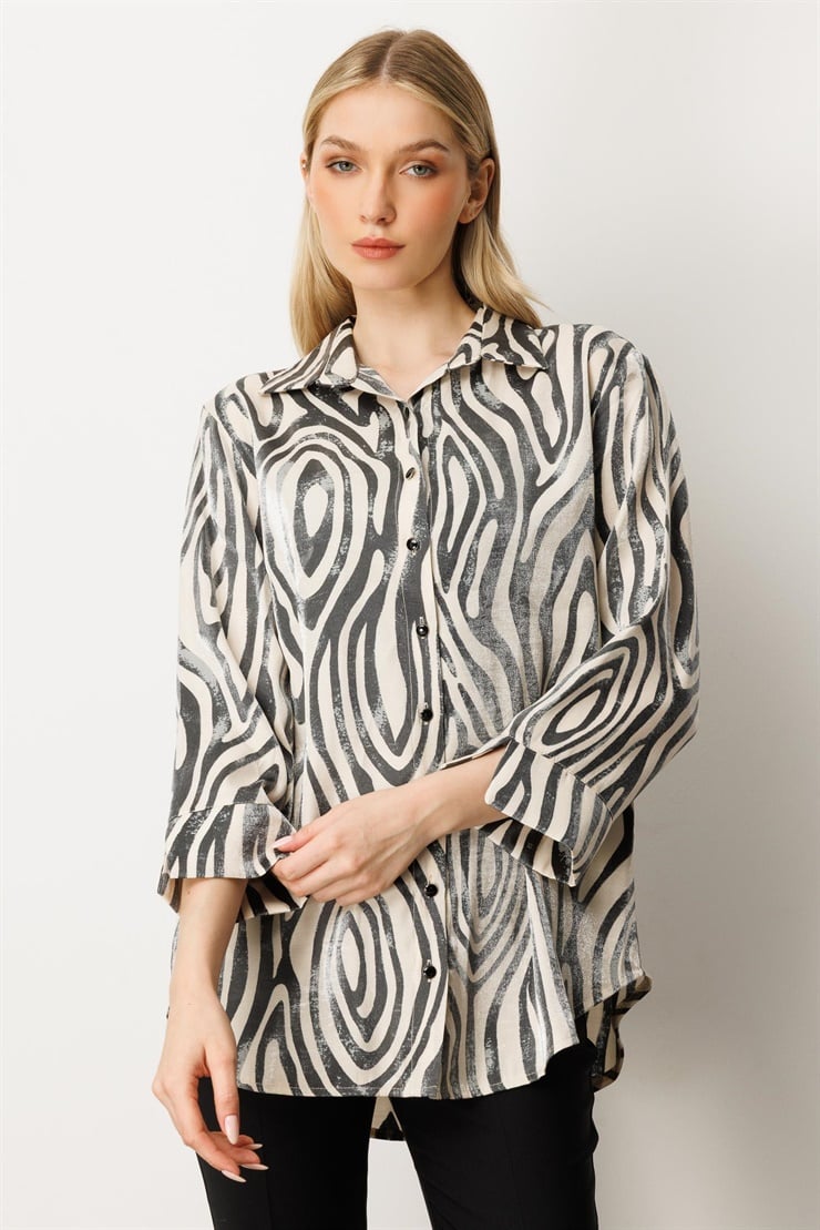Mutlu Ertan Kadın Zebra Desenli Düğmeli Gömlek Siyah- Bej 30423