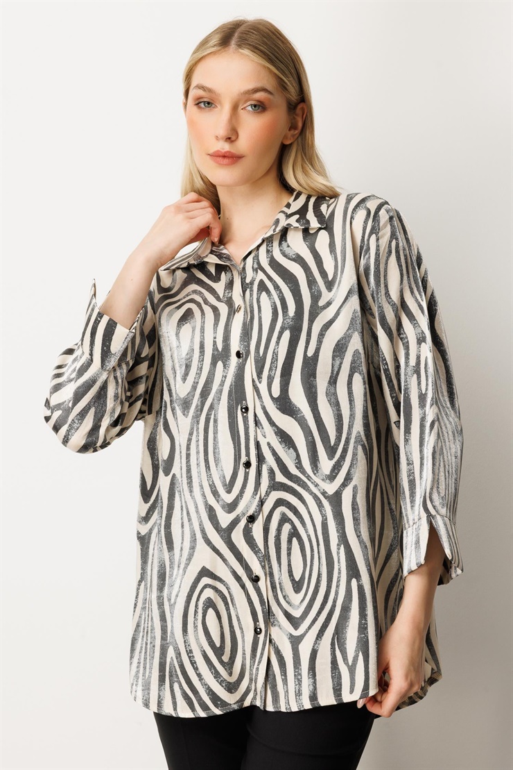 Mutlu Ertan Kadın Zebra Desenli Düğmeli Gömlek Siyah- Bej 30423