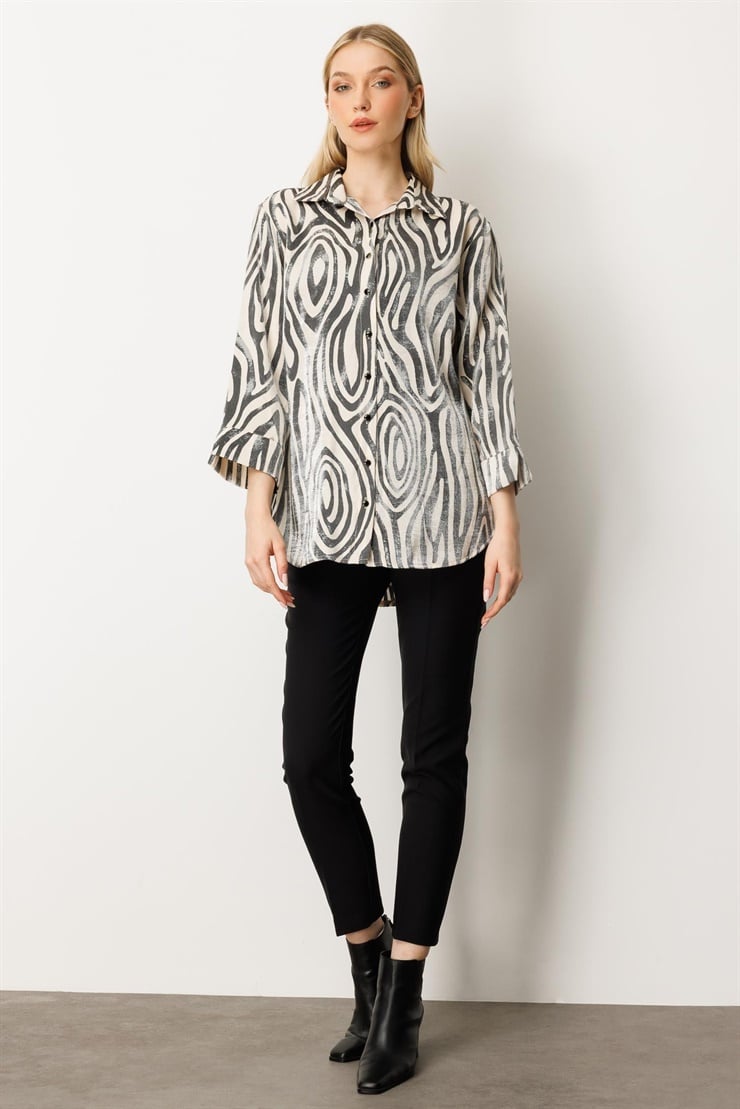 Mutlu Ertan Kadın Zebra Desenli Düğmeli Gömlek Siyah- Bej 30423