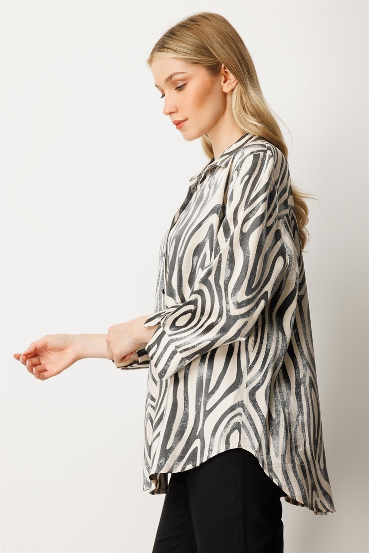 Mutlu Ertan Kadın Zebra Desenli Düğmeli Gömlek Siyah- Bej 30423