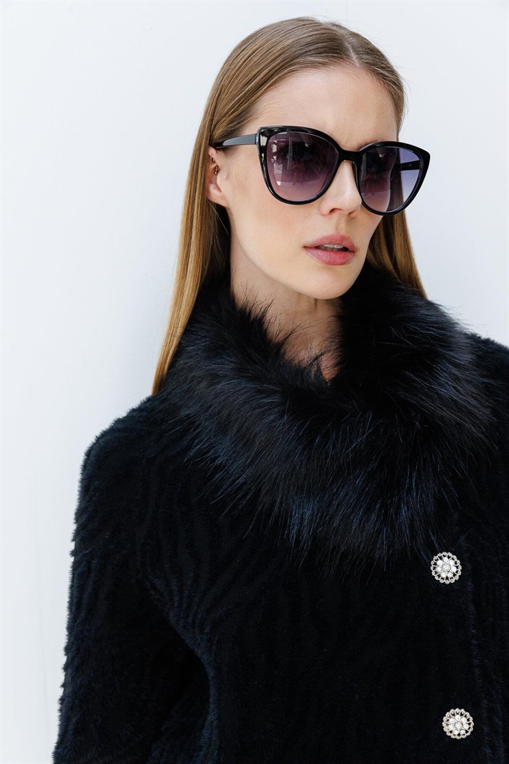 Mutlu Ertan Kadın Zebra Desenli Triko Uzun Pardesü Siyah 20035