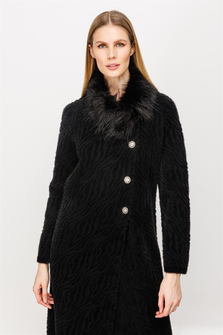 Mutlu Ertan Kadın Zebra Desenli Triko Uzun Pardesü Siyah 20035