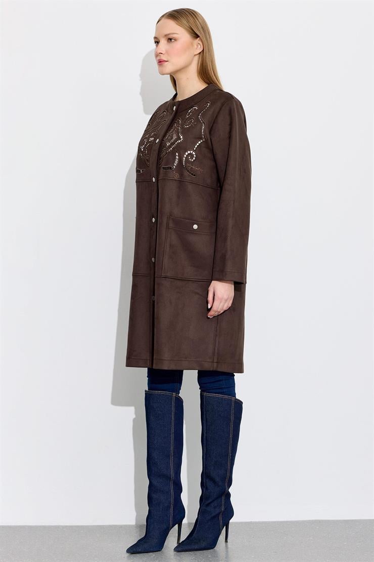 Nakış Detaylı Süet Kap KAHVE