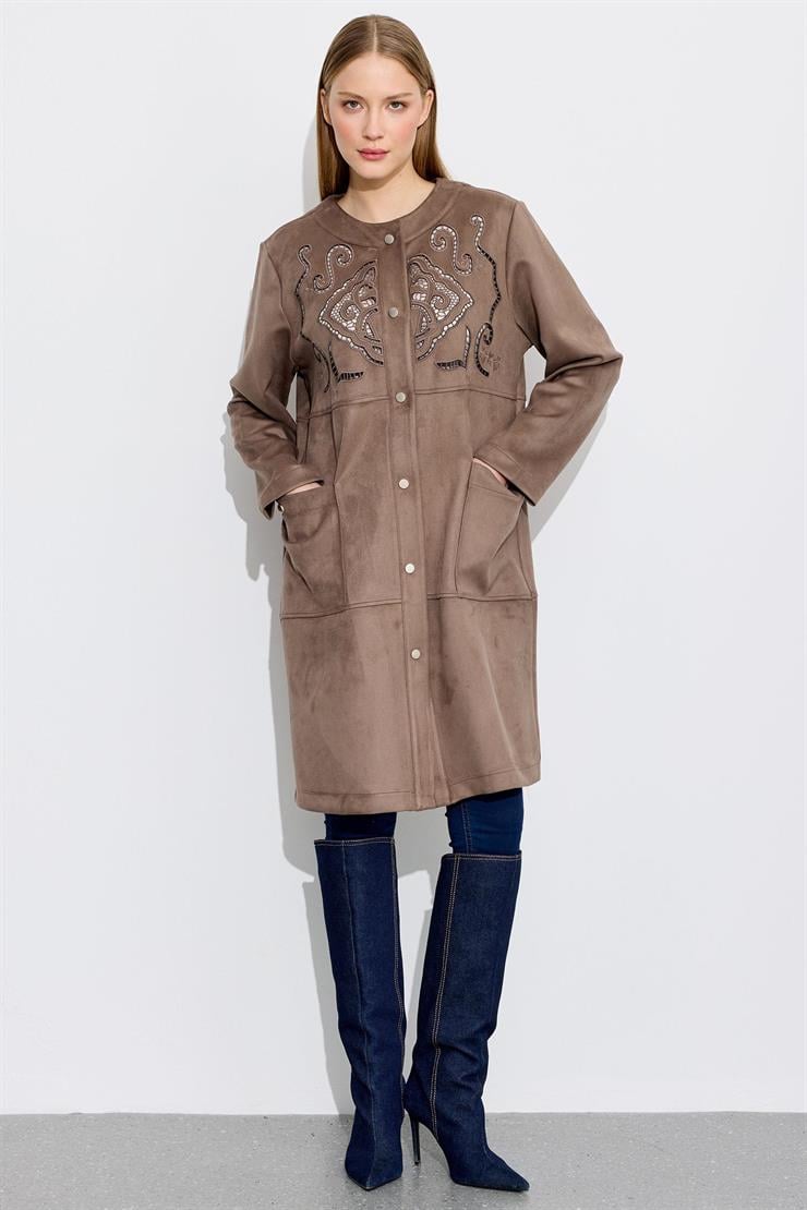 Nakış Detaylı Süet Kap VİZON